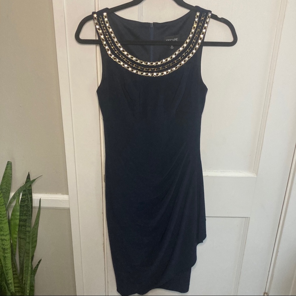 XSCAPE navy dress with jewel scoop neck